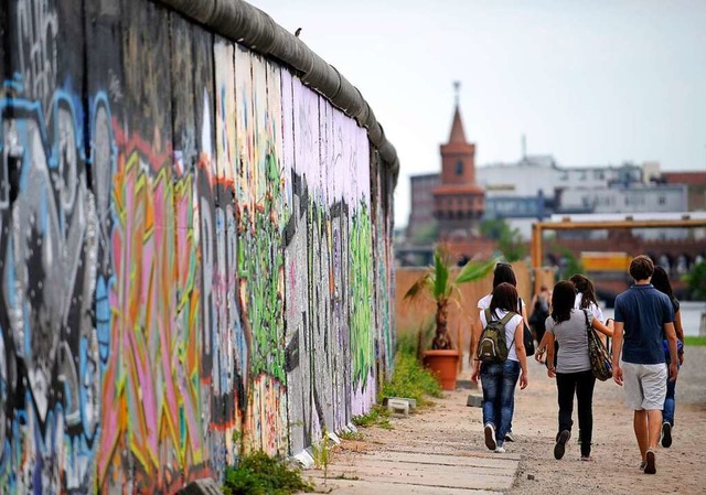 Junge Menschen gehen an der East Side ... Berlin an der Berliner Mauer entlang.  | Foto: Rainer Jensen