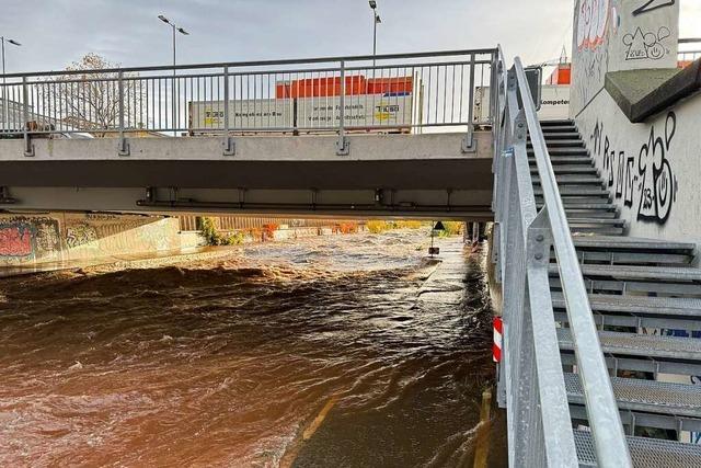 Hochwasser überflutet Dreisam-Radwege in Freiburg