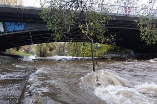 Dreisam in Freiburg berschreitet am frhen Freitagmorgen erneut die Hochwassermarke