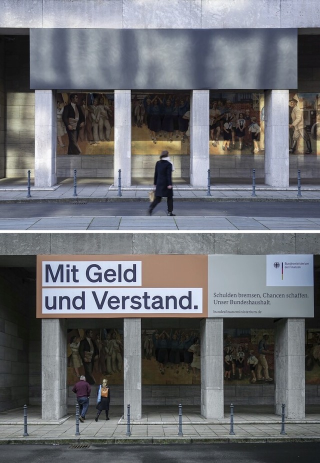 Das Bundesfinanzministerium in Berlin ...ber.   Die Spruchtafel wurde verhllt.  | Foto: Hannes P Albert (dpa)