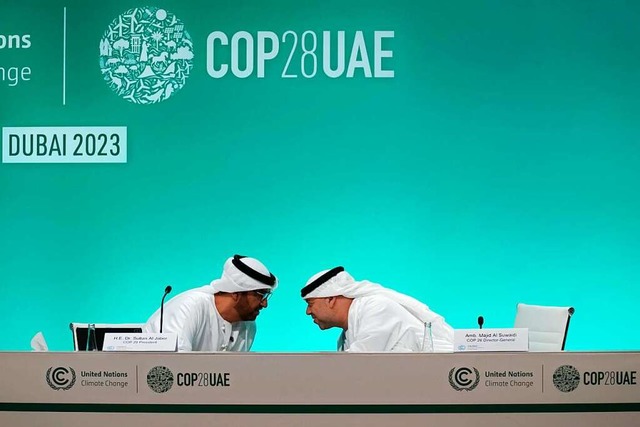 Sultan al-Jaber (links), Vorsitzender ...r UN-Klimakonferenz, unterhalten sich.  | Foto: Peter Dejong (dpa)