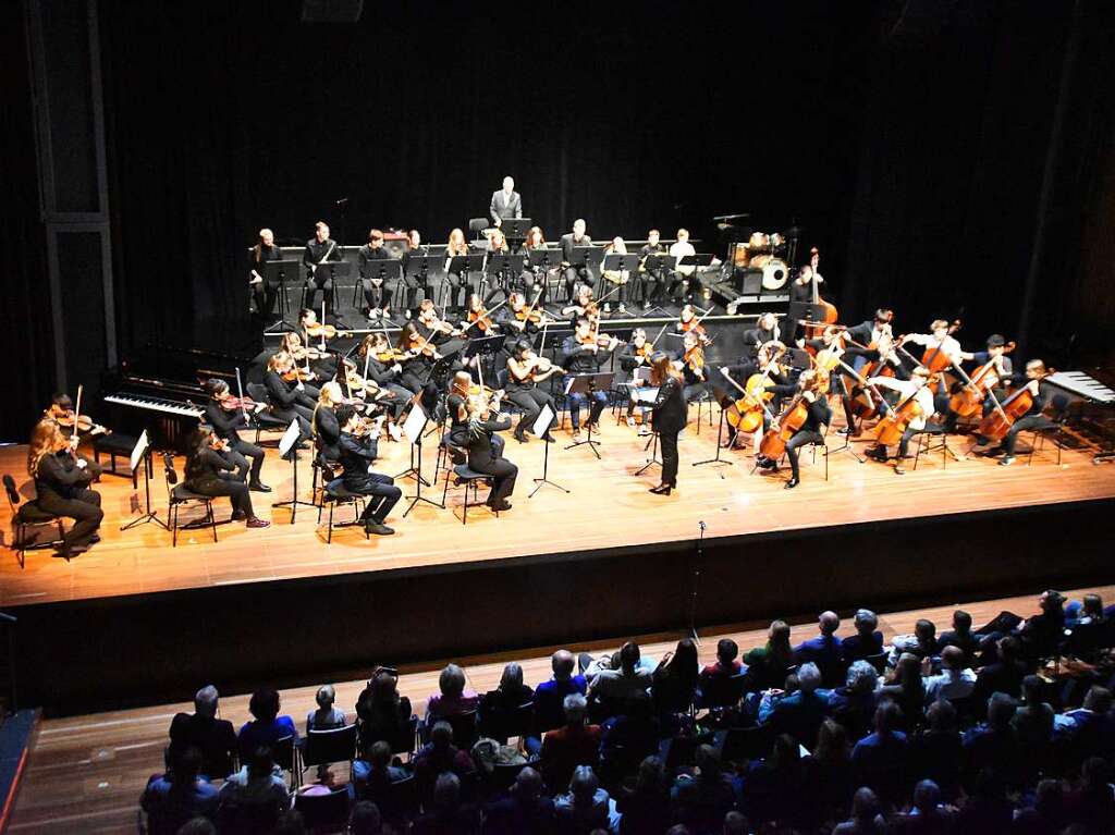 Voll besetzte Bhne: Das City-Connect-Orchestra und Saitenzauber.