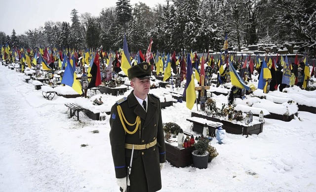 Die Ukraine hat am Mittwoch den Tag de...Ehrenwache an Soldatengrbern in Lviv.  | Foto: YURIY DYACHYSHYN (AFP)