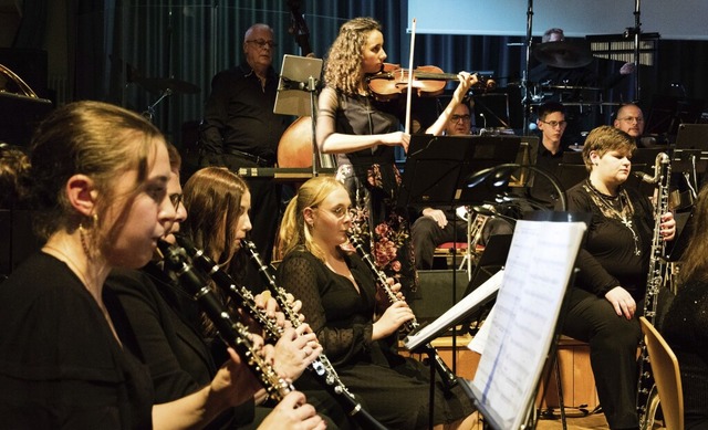 Violinistin Rebecca Leins (Hintergrund) spielte das Thema von Anne Frank.   | Foto: Gabriele Zahn