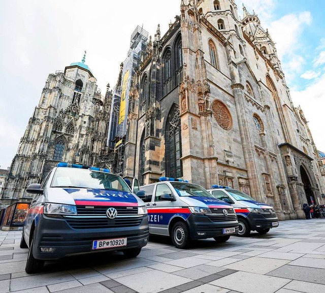 Polizeiwagen stehen nach Hinweisen auf...s Netzwerk vier Menschen festgenommen.  | Foto: Max Slovencik (dpa)