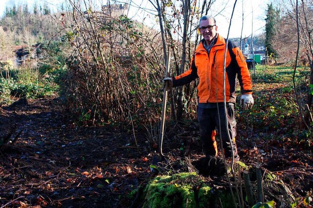 Karl-Martin Schott beim Pflanzen der 101. Baumsorte im Hecklinger Arboretum.  | Foto: Martin Bos