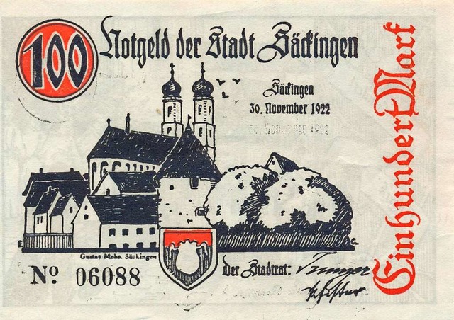Ein 100-Mark-Notgeldschein mit Scking... Darstellungen aus der Stadtgeschichte  | Foto: Fotosammlungen Stadtarchiv Bad Sckingen