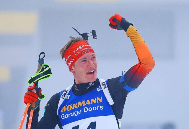 Das Lcheln eines Champions: Benedikt Doll bejubelt seinen Sprintsieg.  | Foto: IMAGO/KH