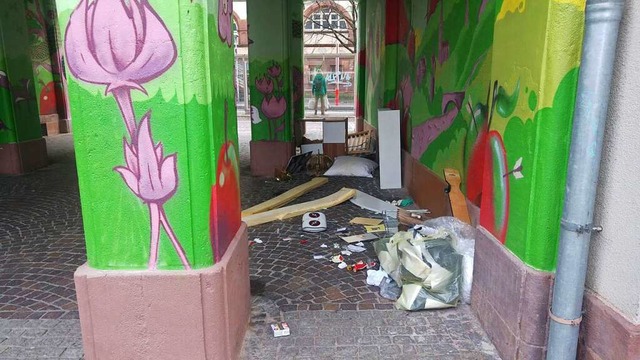 Hbsche Graffiti, hssliche Hinterlassenschaften: der Durchgang zur Tellstrae  | Foto: Julia Littmann