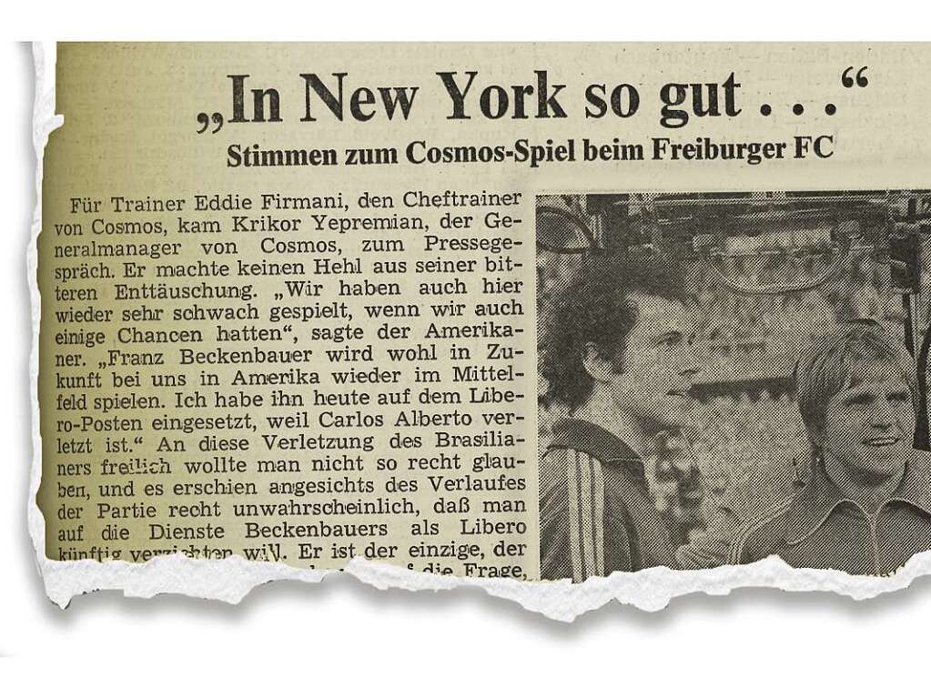 Ein Weltstar und eine regionale Fuball-Gre: Franz Beckenbauer (links) und Karl-Heinz Bente in der Badischen Zeitung, die am 22. September 1978 vom Spiel Freiburger FC – Cosmos New York berichtete.