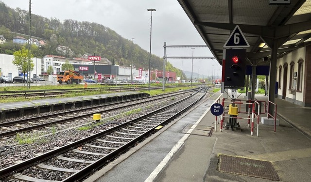 Die Ampel steht auf Rot, die Gleise am...gen auf den Bahnverkehr am Hochrhein.   | Foto: Michael Neubert