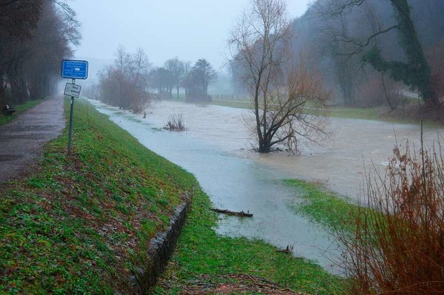 Die Wutach bei Tiengen hat Mitte Dezem...rpegel, der Damm erfllt seinen Zweck.  | Foto: Gregor Mller