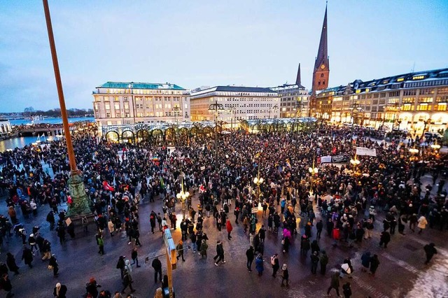 Zahlreiche Demonstranten stehen auf de...s gegen rechtsextreme Umtriebe setzen.  | Foto: Jonas Walzberg (dpa)