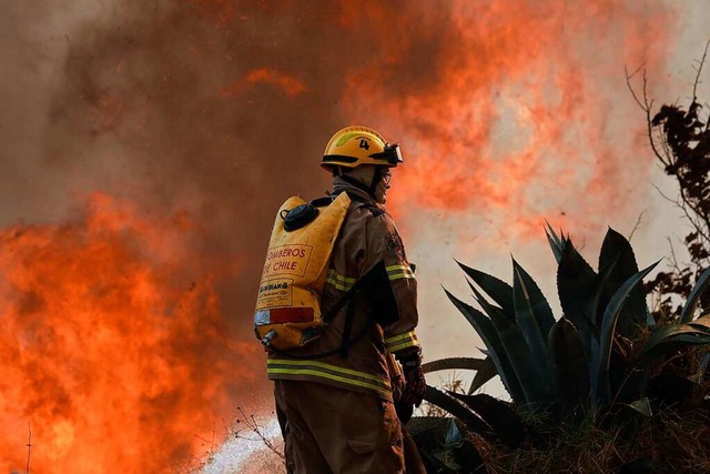 Ein Feuerwehrmann steht vor einer Flam... einem Urlaubsort an der Pazifikkste.  | Foto: IMAGO/ANDRES PIA/ATONCHILE