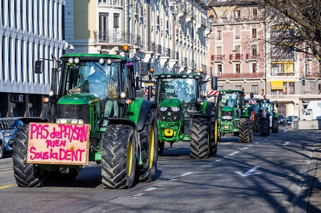 Bauernprotest in Genf. Auf dem Plakat ...rn gibt, gibt es auch nichts zu essen.  | Foto: Martial Trezzini (dpa)