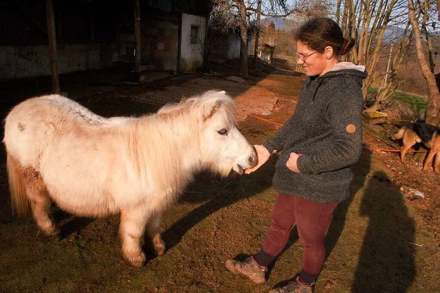 Johanna Ayanpeju kmmert sich auf ihre...nderem um das Shetlandpony Schnuckele.  | Foto: Ingrid Bhm