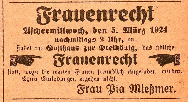 Zeitungsannonce frs &#8222;Frauenrecht&#8220; am 5. Mrz 1924 in Endingen  | Foto: Repro: Jrgen Simon