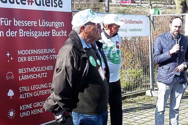 Roland Diehl, Vorsitzender MUT,  Johan...stian Kiss beim Protest in Schallstadt  | Foto: Jelka Louisa Beule