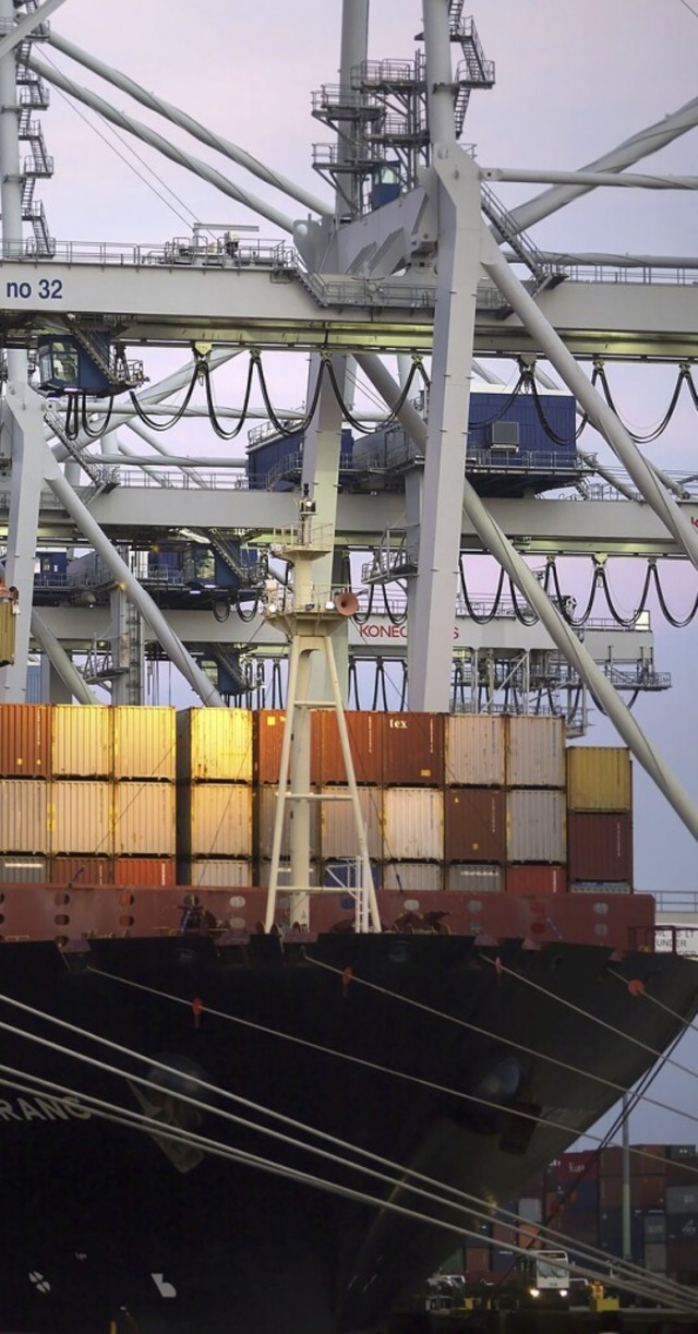 Ein Schiff wird in den USA mit Containern beladen.  | Foto: Stephen B. Morton