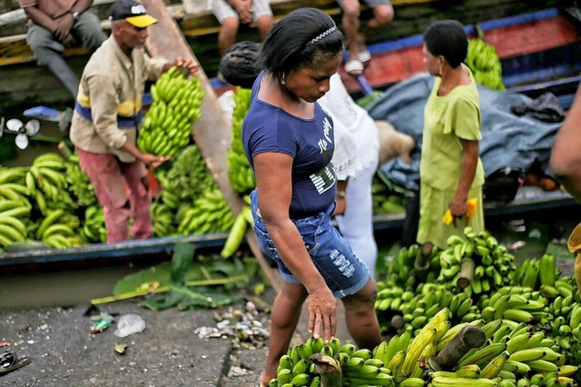 Eine Frau begutachtet Bananen auf einem Markt in  Kolumbien.  | Foto: Alvaro Tavera (dpa)