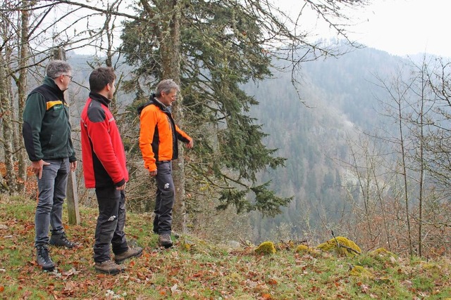 Robert Becker (rechts), daneben Maximi...nen Teil des Bannwaldes Schwarzahalde.  | Foto: Cornelia Liebwein