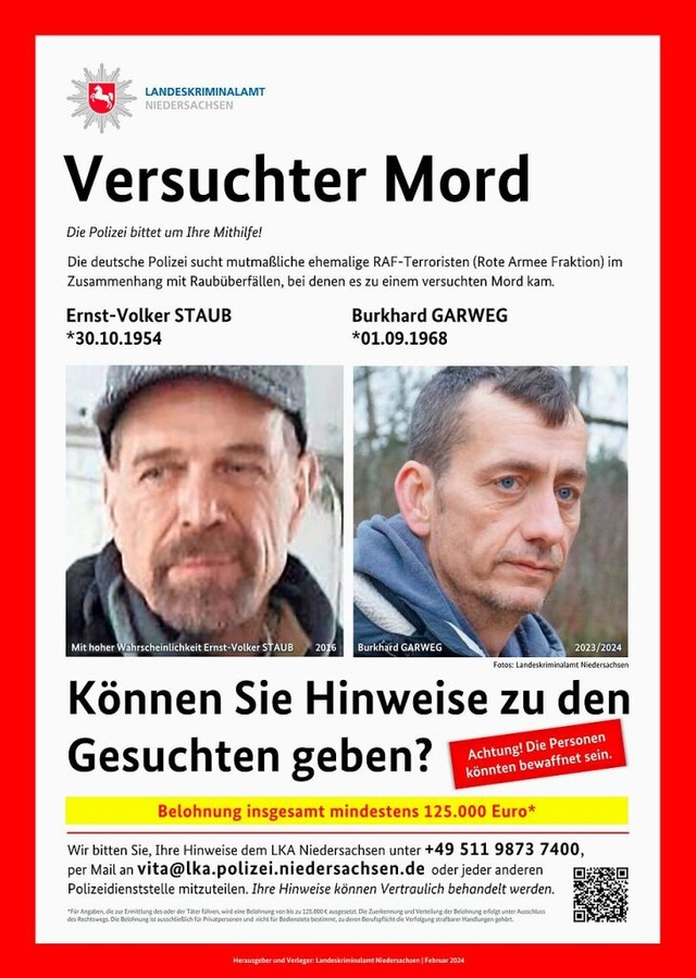 Mit diesem Plakat-Handout fahnden die ...rnst-Volker Staub und Burkhard Garweg.  | Foto: - (dpa)