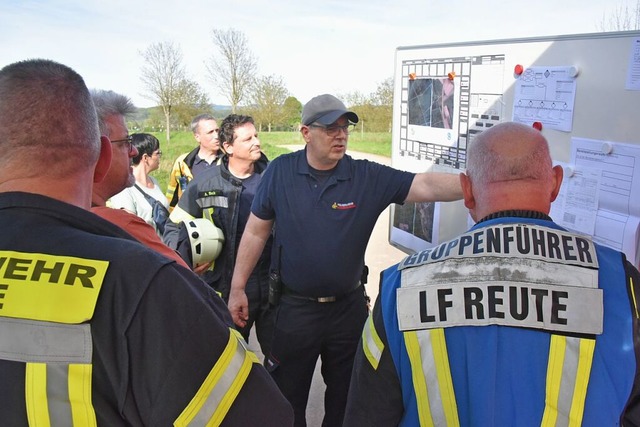 Chris Weseloh (l.) von der Fhrungsgru...r Feuerwehr bei einer Lagebesprechung.  | Foto: Benedikt Sommer