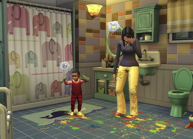 Eine Szene aus dem Spiel Sims: Ups, das ganze Bad ist vollgekleckert.  | Foto: EA