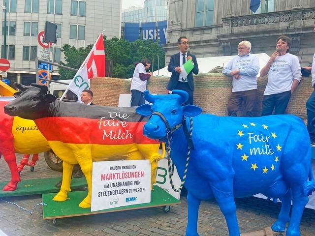 Bundesagrarminister Cem zdemir (Bndn...n Milchbauern vor dem Europaparlament.  | Foto: Marek Majewsky (dpa)