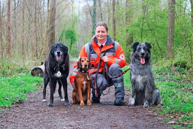 Melanie Tengler mit ihren Rettungshunden Ole, Motte und Tiger  | Foto: Annika Sindlinger