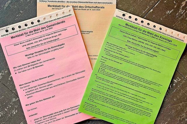 Die Wahlzettel fr die Gemeinderats-, Ortschaftsrats- und Kreistagswahl  | Foto: Stadt Weil am Rhein