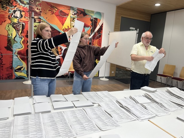 Wahlhelferinnen und Wahlhelfer in Schl...uf der Suche nach dem gesetzten Kreuz.  | Foto: Lina Boegel