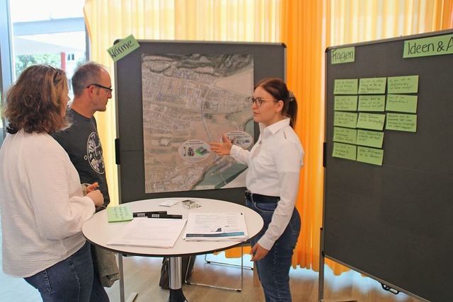 Franziska Baum (rechts) beantwortete d...eressierten Anwohner zum Nahwrmenetz.  | Foto: Rolf Reimann