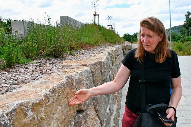 Irene Blaha kritisiert die Trockenmauer im Baugebiet Kapellenbach-Ost.  | Foto: Heinz und Monika Vollmar