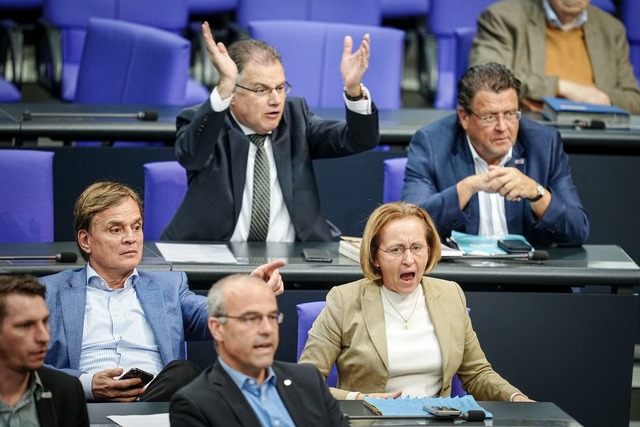 Stephan Brandner, Beatrix von Storch u...er Aktuellen Stunde im Bundestag teil.  | Foto: Kay Nietfeld/dpa