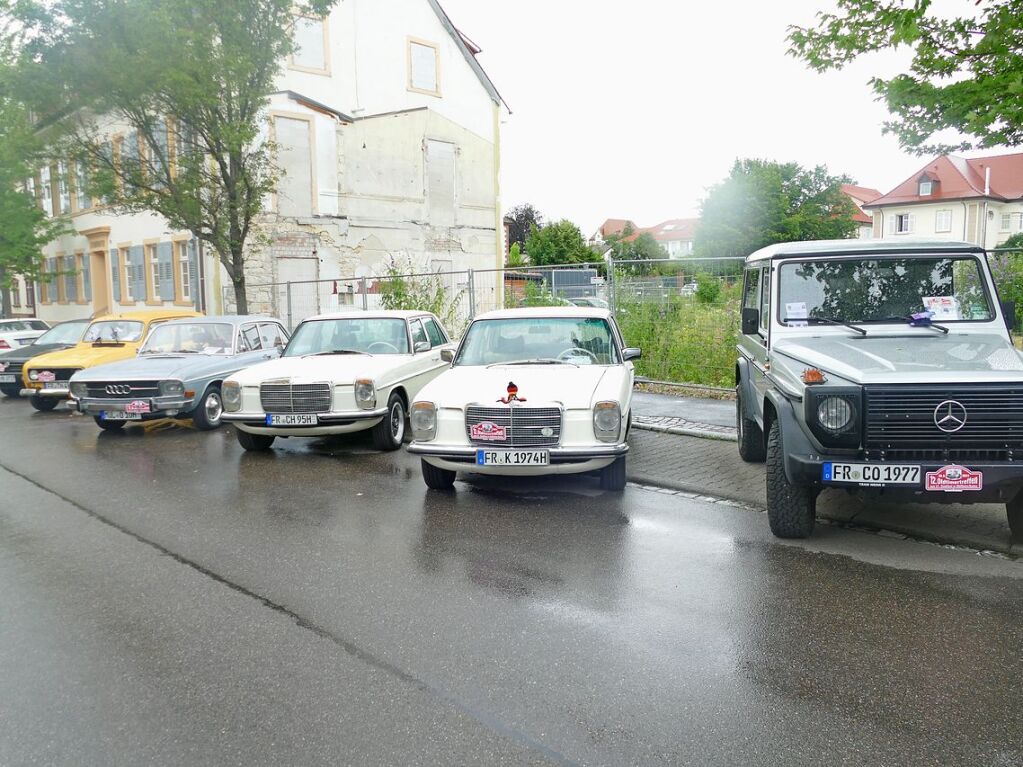 Ein altes G-Modell, alte Strich-8-er und daneben ein Audi Typ 60 sowie ein R4 (von rechts). Bei dem Wetter kamen die Unverwstlichen. Filigrane Cabrios blieben eher zu Hause in der Garage.