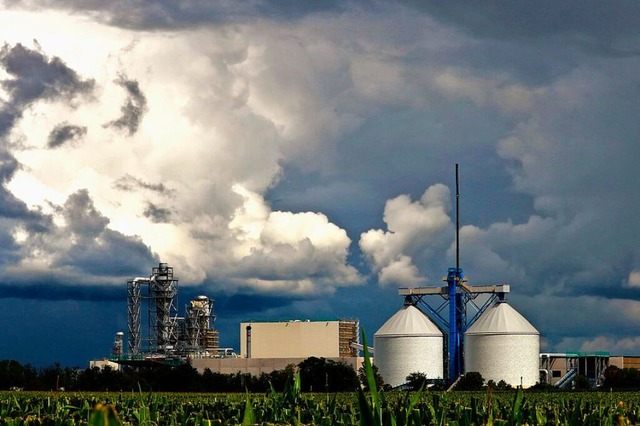 Die zwei rund 40 Meter hohen Silos sin...hen des Werks im Gewerbepark Breisgau.  | Foto: Harald Hfler