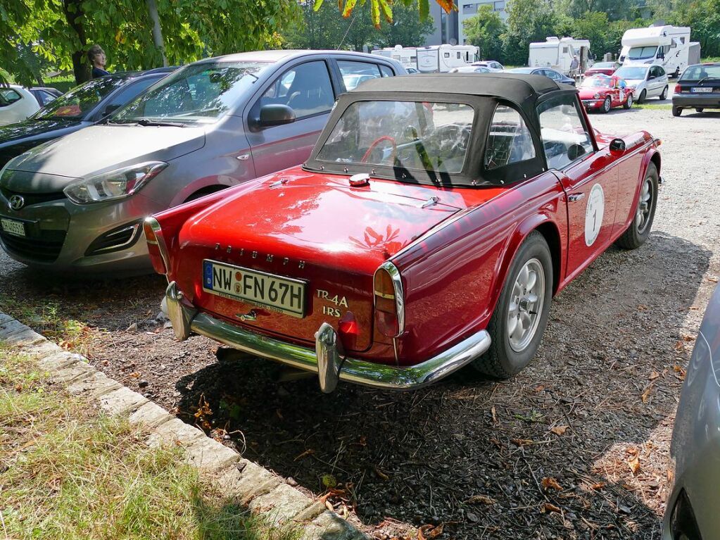 Die Startnummer 1 hat bereits ein Pltzchen im Schatten auf dem Festplatz in Bad Sckingen gefunden. Ein Triumph TR4A IRS.