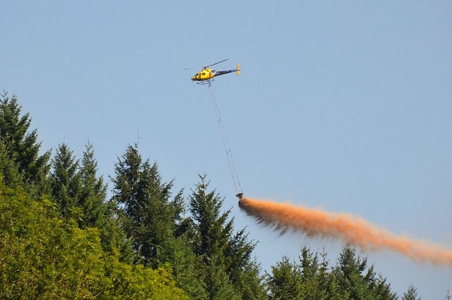 Ein Helikopter bringt Kalk ber dem Wald aus.  | Foto: Max Schuler