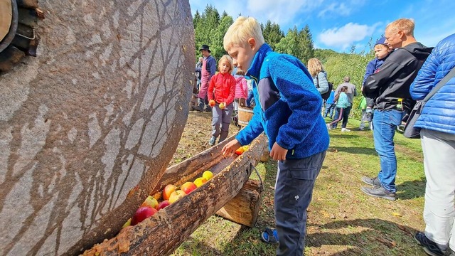 Ein Spa fr die ganze Familie: Auch K...pfel vom Mhlstein zerquetscht werden.  | Foto: Gerald Nill