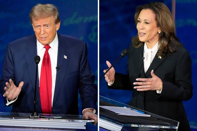 Donald Trump und Kamala Harris schenkt...f der B&uuml;hne beim TV-Duell nichts.  | Foto: Alex Brandon/AP/dpa