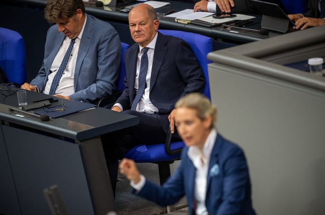 AfD-Co-Fraktionschefin Alice Weidel na...Scholz einen "Kanzler des Niedergangs"  | Foto: Michael Kappeler/dpa