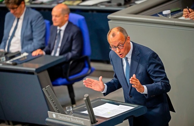 Oppositionsfhrer Friedrich Merz (CDU)...im Hintergrund auf der Regierungsbank.  | Foto: Michael Kappeler (dpa)