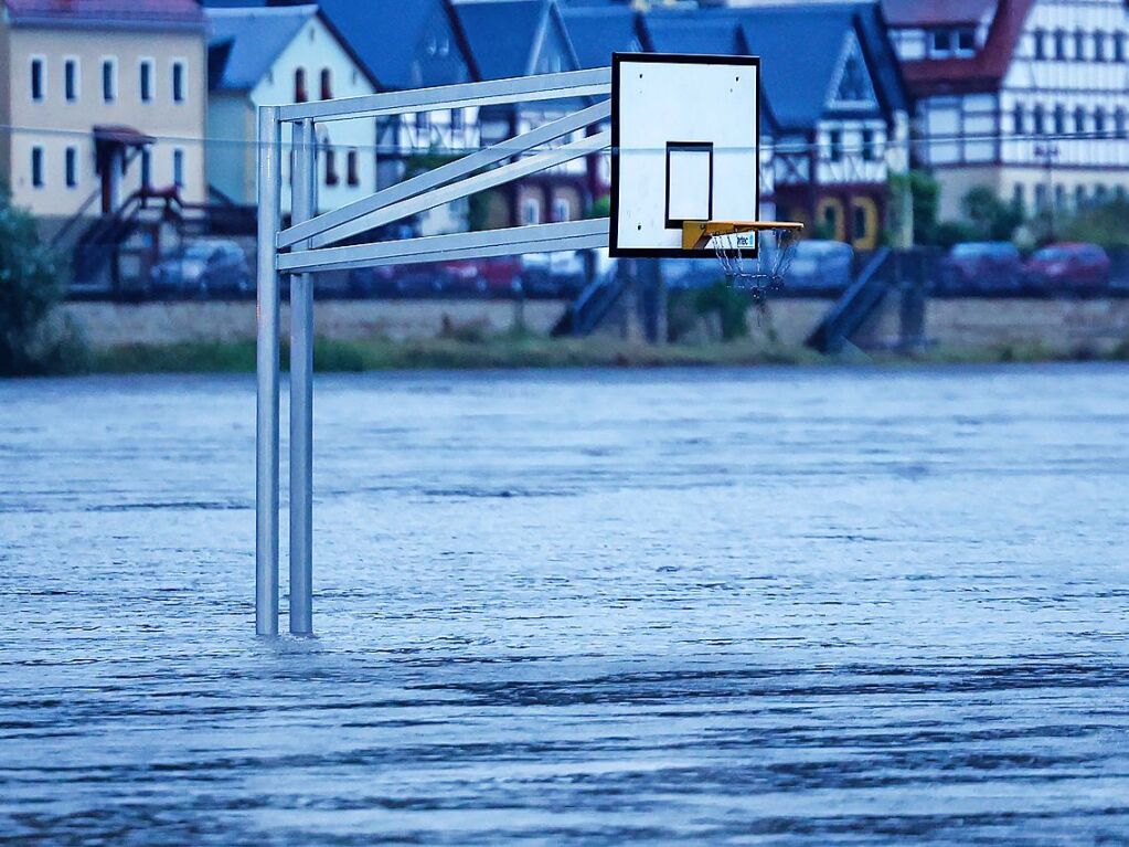 Sachsen, Bad Schandau: Ein Basketballkorb steht im Hochwasser der Elbe.