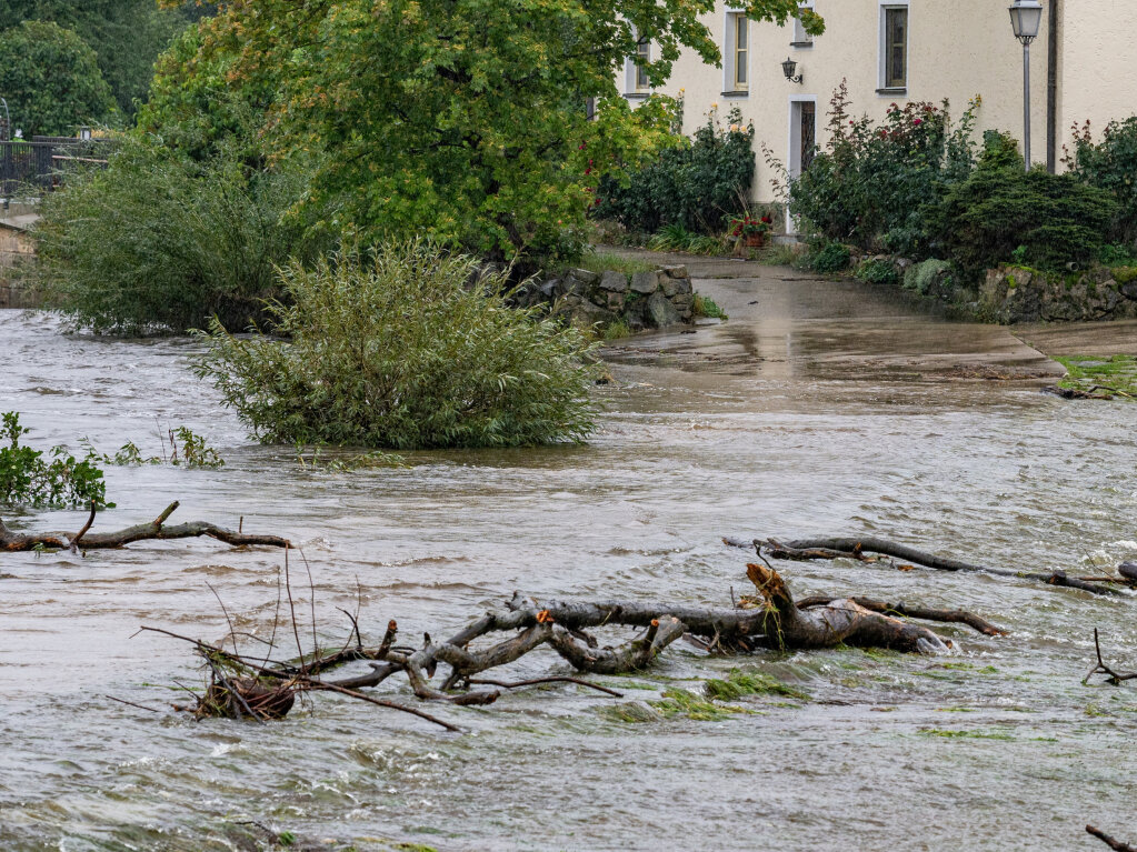 Bayern, Cham: Ein Weg ist vom Hochwasser des Flusses Regen berflutet.