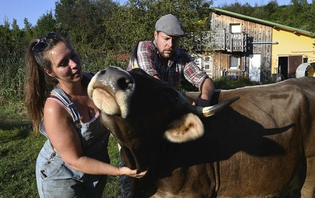 Arbeiten nebenberuflich als  Landwirte...vid Pfeiffer-Hi mit Mutterkuh Lobelia  | Foto: Reinhold John