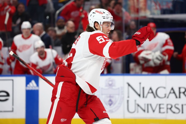 Eishockey-Star Moritz Seider unterschr...hresvertrag bei den Detroit Red Wings.  | Foto: Jeffrey T. Barnes/AP/dpa