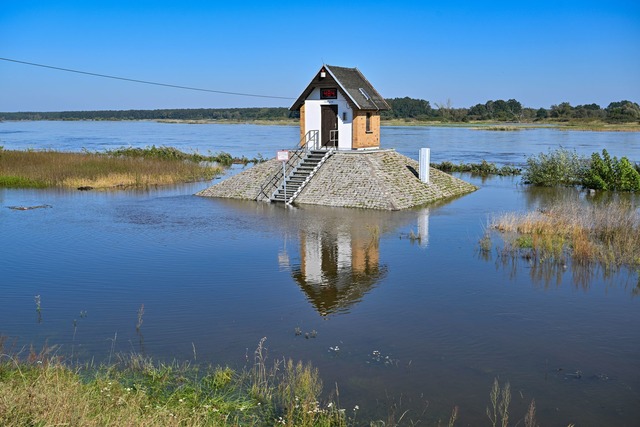 Rund um das Pegelh&auml;uschen auf ein...t schon der hohe Wasserstand zu sehen.  | Foto: Patrick Pleul/dpa