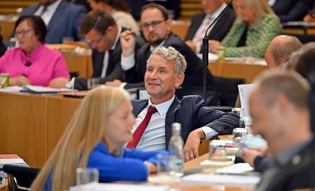 Bjrn Hcke, Thringer AfD-Fraktionsch...uierenden Sitzung lchelnd im Landtag.  | Foto: Martin Schutt (dpa)