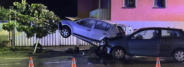 Der VW Polo hat den Dacia mit voller W...etroffen und auf einen Baum geschoben.  | Foto: Walter Holtfoth